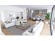 Open concept living room connects to kitchen and dining room. Features modern furniture and lots of natural light at 3601 Alamance Dr, Raleigh, NC 27609