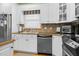 Kitchen features a stainless steel dishwasher, sink and brown tile backsplash with white cabinets at 6489 Waters Edge Dr, Rocky Mount, NC 27803