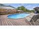 Inviting in-ground pool with a wooden deck, chaise lounges, and well-maintained landscaping for leisure at 1687 Galilee Rd, Smithfield, NC 27577