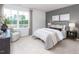 Neutral bedroom featuring a large sunny window, sitting chair, and modern decor at 1748 Post Oak Dr, Haw River, NC 27258