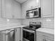 Modern kitchen features stainless steel appliances, white cabinets, and stylish countertops and backsplash at 410 N Lamar St, Roxboro, NC 27573
