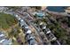 Overhead view of homes and surrounding foliage near a neighborhood swimming pool and overlooking a golf course pond at 857 Stroud Cir, Wake Forest, NC 27587