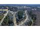 Overhead perspective showcasing a community with tree lined streets, tennis courts, pool, lake and well-maintained homes at 857 Stroud Cir, Wake Forest, NC 27587