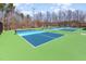 View of the outdoor pickleball courts with athletic surfacing and netting in a wooded setting at 130 Ivory Ln, Raleigh, NC 27610
