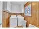 Functional laundry room with washer, dryer, and ample storage cabinets at 2409 Parkway Dr, Raleigh, NC 27603