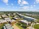 Wide aerial view of buildings on campus, with trees, grass, parking areas, and a distant skyline at 2441 Campus Shore # 402, Raleigh, NC 27606