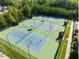 Aerial view of the community tennis courts, fenced in, with benches and lights for nighttime playing at 3804 Prince Noah, Wake Forest, NC 27587