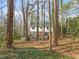 The backyard offers privacy and space, framed by trees and featuring a gray deck and a play structure at 5620 Winthrop Dr, Raleigh, NC 27612
