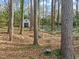A white outbuilding is nestled among the trees, offering additional storage, surrounded by natural beauty at 5620 Winthrop Dr, Raleigh, NC 27612