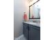 Bathroom features a granite countertop, gray cabinets, and a black-framed mirror at 174 St. Andrews Ln, Chapel Hill, NC 27517