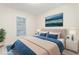Cozy bedroom featuring a large bed with blue accents and natural light from a window at 211 Whitney Ln, Durham, NC 27713