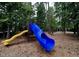Community playground featuring colorful slides, set amongst mature trees and a wood chip ground cover at 211 Whitney Ln, Durham, NC 27713