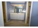 Bathroom featuring a white vanity with large mirror, blue wallpaper, and carpeted floors at 30 Brookside Place, Durham, NC 27705