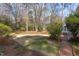 Backyard featuring a brick patio and a grassy lawn with mature trees at 816 Churchill Dr, Chapel Hill, NC 27517