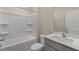 Bathroom featuring a shower and bathtub, toilet and granite vanity at 129 Paper Birch Way, Fuquay Varina, NC 27526