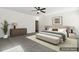 This staged bedroom features neutral decor, a ceiling fan, and an ensuite bathroom at 192 Springhill Ln, Garner, NC 27529