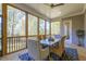 Relaxing screened-in porch featuring wood floors, ceiling fan, wooded views and a stylish rug creating a cozy atmosphere at 25 Blackhorn Ct, Pittsboro, NC 27312