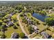 Aerial view of a neighborhood featuring a pond and tree-lined streets at 3648 Praed Pl, Fuquay Varina, NC 27526