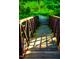 Rustic wooden bridge with an iron frame spanning a lush green landscape at 4501 Mint Leaf Ln, Raleigh, NC 27612