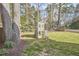 Backyard with an adorable playhouse and a view of the neighborhood beyond the backyard fence at 1400 Oakland Ave, Durham, NC 27705