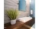Modern bathroom vanity with a vessel sink, stone backsplash, and decorative plant at 2110 Crigan Bluff Dr, Cary, NC 27513