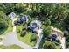 Aerial view of property showcasing manicured lawns, mature trees, and in-ground pool at 5708 Creekfall Ln, Fuquay Varina, NC 27526
