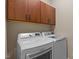 Bright laundry room with modern, white washer and dryer and wood cabinets at 1027 Laurelwood Dr, Durham, NC 27705
