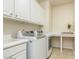 Well-lit laundry room featuring a modern washer and dryer, sink, storage cabinets, and workspace at 1100 Gaston Manor Dr, Durham, NC 27703