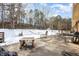 Backyard with a spacious concrete patio and scattered snow at 722 Forge Rd, Durham, NC 27713