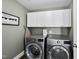 Modern laundry room with white cabinets, stainless steel washer and dryer at 917 Sequoia Ridge Dr, Fuquay Varina, NC 27526