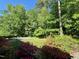 A lush backyard featuring a concrete pad for outdoor activities, bordered by vibrant azaleas and mature trees at 2118 N Woodland Rd, Henderson, NC 27536