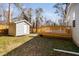 Backyard featuring a storage shed and wooden deck, perfect for outdoor activities at 318 Holland Glen St, Fuquay Varina, NC 27526