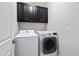 Efficient laundry room with overhead cabinets and modern washer and dryer units at 5501 Advancing Ave, Raleigh, NC 27616