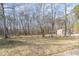 Large backyard with sparse dormant lawn featuring mature trees and a storage shed at rear of property at 10611 Quail Roost Rd, Bahama, NC 27503