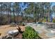 Backyard featuring a pool, patio, and lush, natural landscaping with mature trees at 1520 Grand Willow Way, Raleigh, NC 27614