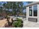 Backyard features a pool, patio area, and lush landscaping surrounded by tall trees at 1520 Grand Willow Way, Raleigh, NC 27614