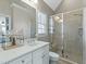 Bathroom featuring a glass shower, white vanity, and neutral paint at 1617 Heritage Club Ave, Wake Forest, NC 27587