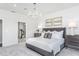 The bright and airy bedroom offers ample space, soft carpeting, and a stylish chandelier, creating a comfortable and inviting atmosphere at 1808 Angelonia Way, Fuquay Varina, NC 27526