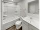 Pristine bathroom with a shower-tub combo, toilet, and vanity with sleek fixtures at 2005 Silent Bend Dr, Durham, NC 27704