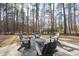 View of patio with a stone paver patio, stylish outdoor furniture, and wooded backyard at 308 Harmony Creek Pl, Apex, NC 27539