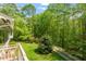 Backyard view from porch of lush greenery and a gravel driveway on a sunny day at 703 Caswell Rd, Chapel Hill, NC 27514