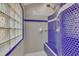 Unique shower design with blue tile and glass block window for natural light at 723 Chelsea Dr, Sanford, NC 27332