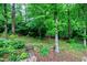 Serene backyard featuring mature trees, lush greenery, and tiered landscaping with stone accents at 109 Reton Ct, Cary, NC 27513