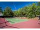 Well-maintained tennis court surrounded by lush trees, offering a private and scenic sports facility at 1324 Vanagrif Ct, Wake Forest, NC 27587