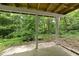 View of the concrete patio with supporting columns facing an enclosed backyard with mature trees and greenery at 2004 Beecham Cir, Raleigh, NC 27607