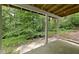 View of the concrete patio with supporting columns facing an enclosed backyard with mature trees and greenery at 2004 Beecham Cir, Raleigh, NC 27607