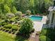 Beautiful pool and garden landscape with lush plantings, shrubs, and small trees surrounding the spa and pool at 219 Colvard Park Dr, Durham, NC 27713
