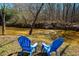 Close-up of scenic river view and two blue Adirondack chairs on grassy bank at 319 W Margaret Ln, Hillsborough, NC 27278