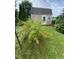 Backyard shed surrounded by lush landscaping, including a bush with red blooms at 401 Lawton Dr, Haw River, NC 27258