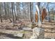 Landscaped backyard with patio seating and artistic sculpture surrounded by trees at 44 Lure Ct, Durham, NC 27713